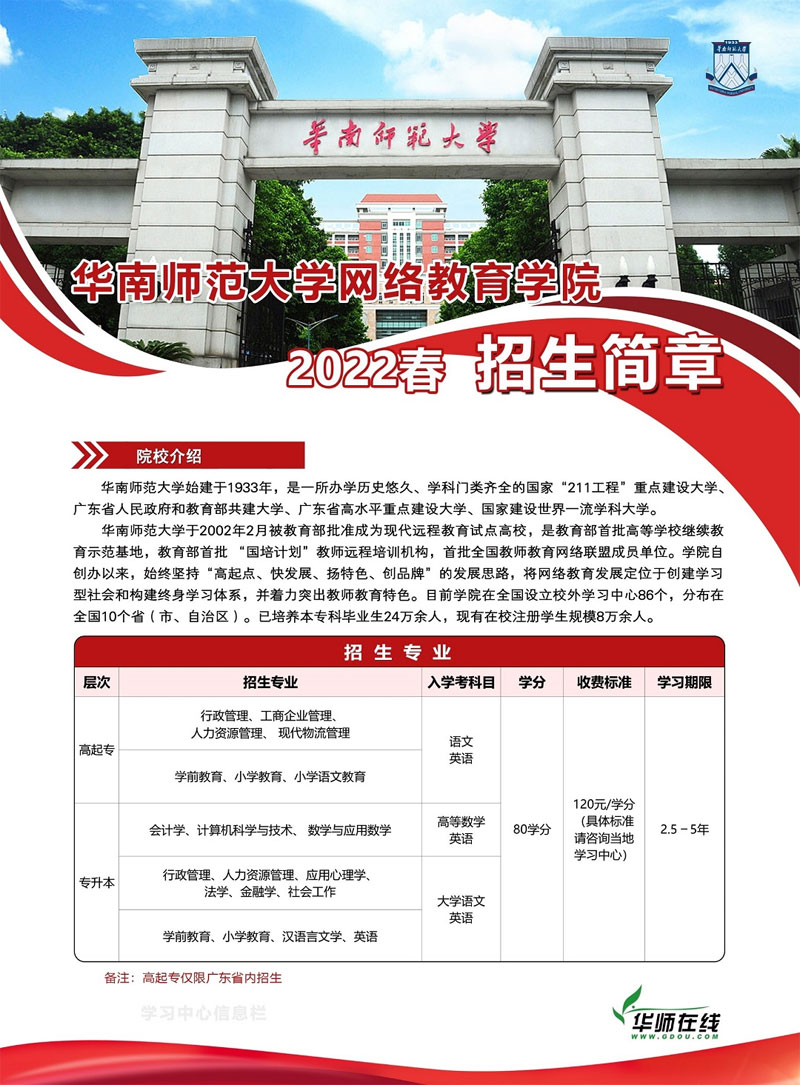 【广州学历提升】华南师范大学网络教育学院2022春招生简章